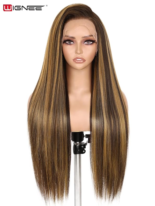 WIGNEE 13x6 Synthetic Lace Front Wig 28" Long Straight Wig Natural Black Kanekalon Futura Synthetic Wigs for Black Women Pre-Plucked Glueless Wig for Daily Party Use