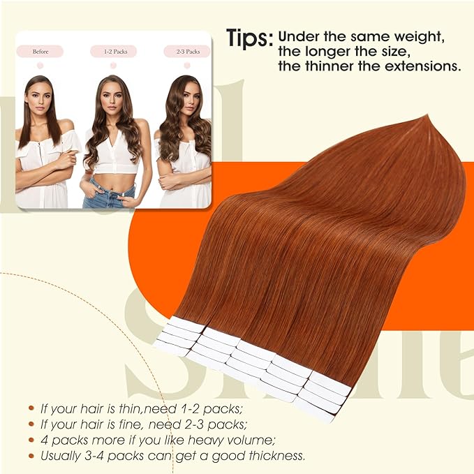 Full Shine Human Hair Extensions Tape in Color 550 Copper Remy Tape in Hair Extensions 10Inch Short Seamless Invisible Adhesive Skin Weft for Natural Look 30G 20Pcs Add Volume for Party