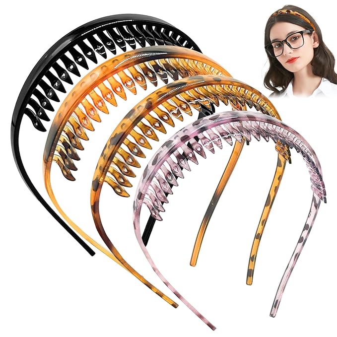 4 Pack No Pressure Headbands for Glasses Wearers – Wide teeth U-Shaped headband for no headache, no pressure, secure hold for thick and fine hair(set-B)
