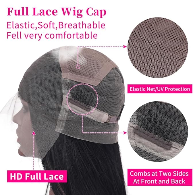 Straight Full Lace Wigs Human Hair 100% Hand-tied Full Lace Human Hair Wigs Full Scalp Lace Wigs Part Anywhere 180% Density(18inch, Natural Black)