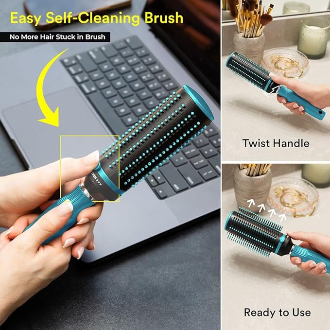 Hair Brushes for Women - Curly Hair Blow Dryer Brush Self Cleaning Detangler Round Brush for Blow Out - Roller Retractable Travel Blue Christmas Gifts