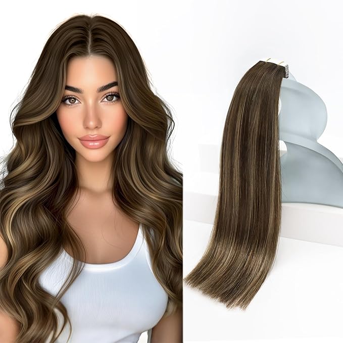 Sunny Hair Tape in Hair Extensions Real Human Hair Invisible Remy Hair Extensions Tape ins for Women Dark Brown Root to Caramel Blonde Balayage 24 inch 20Pcs 50G