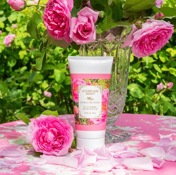 Camille Beckman Essentials Gift Basket, Glycerine Rosewater, Glycerine Hand Therapy 6 oz, Silky Body Cream 13 oz, Hand and Shower Cleansing Gel 13 oz, Glycerine Soap 3.5 oz