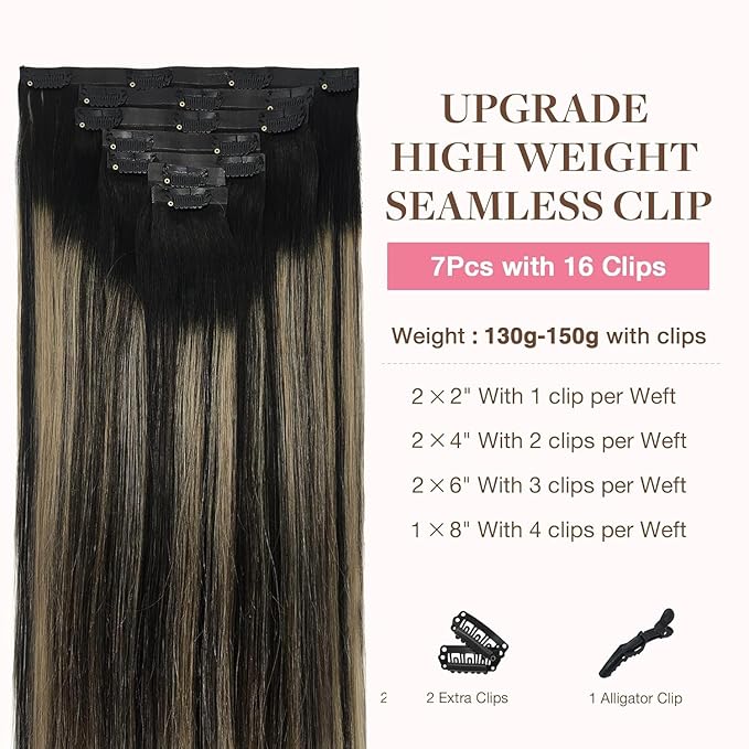 GOO GOO Clip in Hair Extensions Real Human Hair, Remy Human Hair Extensions Clip ins for Women, Natural Human Hair, 22 Inch 160g 7Pcs, 1B/16/1B Balayage Natural Black to Light Blonde