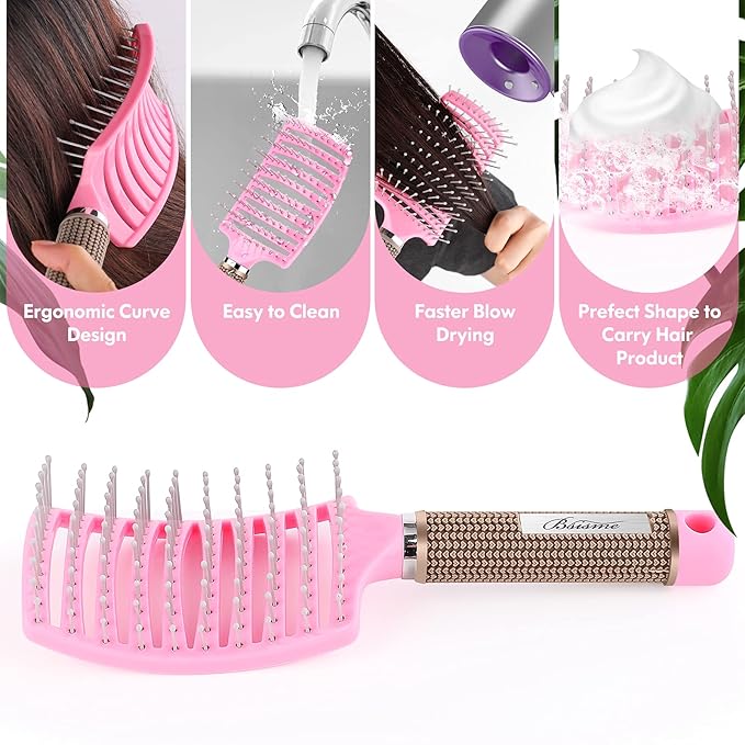 Hair Brush Set, Curved Vented Detangling Hair Brushes for Women Men Kids, Professional Vent Styling Brush for Wet Dry Curly Thick Straight Hair Fast Blow Drying Brush (Black+ White)