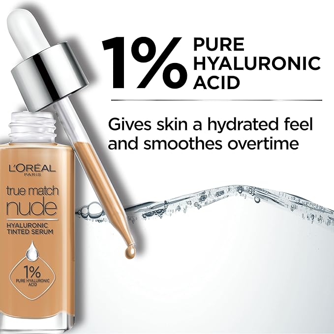 L'Oreal Paris True Match Nude Hyaluronic Tinted Serum Foundation with 1% Hyaluronic acid, Medium Deep 8.5-9.5, 1 fl. oz.