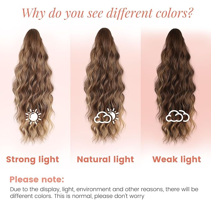 18" Ponytail Extension, Claw Clip Ponytail Extensions for Women Wavy Pony Tails Hair Extensions Fluffy Natural Looking Synthetic Hairpiece for Daily Use (Light Brown Mixed Honey Gold)