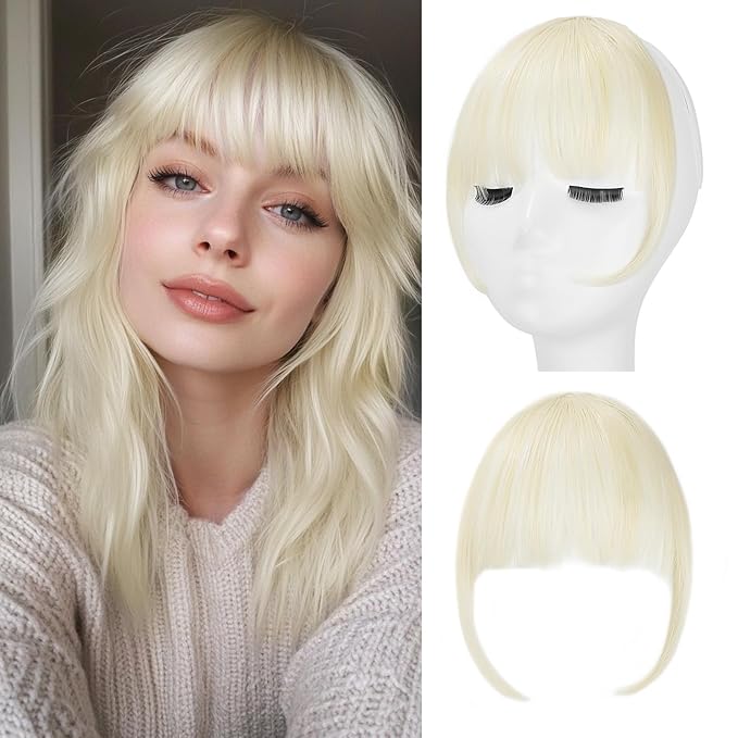 Clip in Bangs, Synthetic Wispy Bangs Hair Clip, Bleach Blonde Fake Bangs Fringe with Temples Hairpieces for Women Natural Curved Hair Extensions for Daily Wear