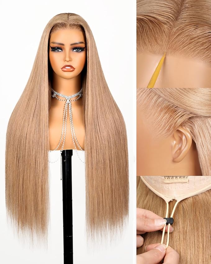 Arabella 13x6 Light Brown Blonde Wig Human Hair Glueless Wigs Human Hair Pre Plucked Pre Cut 13x6 Ear to Ear Full HD Lace Front Wigs 210% Density Straight Wig Drawstring Wig Human Hair 24 Inch