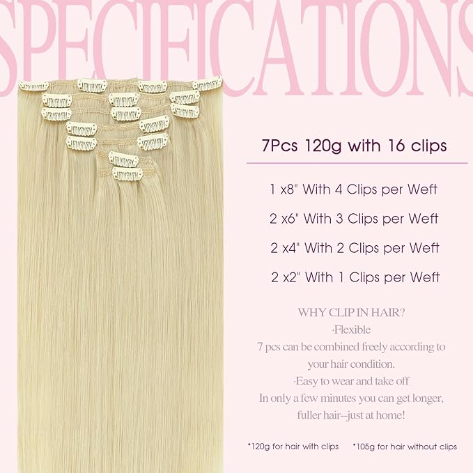 PINKPEARL Clip in Hair Extensions #60 Platinum Blonde Clip in Hair Extensions Real Human Hair 7pcs 120g 16inch Blonde Hair Extensios Clip ins for Women Straight Natural Human Hair Clip ins (#60-16)