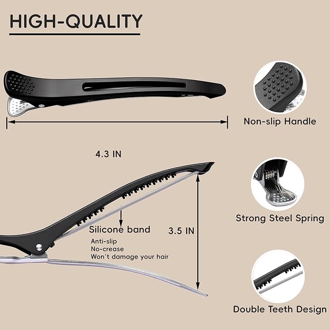 12 PCS Duckbill Hair Clips for Sectioning - 4.3” Professional Non-Slip Hair Clamps with Silicone Band, Gentle No-Mark Hold for Thick Hair, Styling & Coloring, Salon Hairdressing Accessories