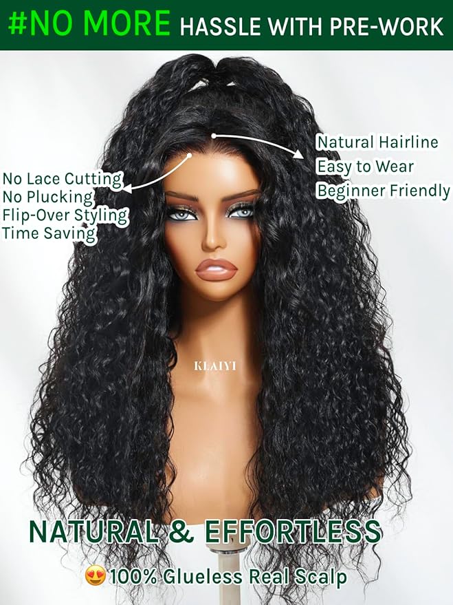 KLAIYI Water Wave 3 In 1 Flip Over 3/4 Half Wig Human Hair Curly Flip Over Seamless Blend Edges Glueless Wear and Go Drawstring Headband Clip In Wigs for Women Ready to Go Wig Beginner Friendly 16Inch