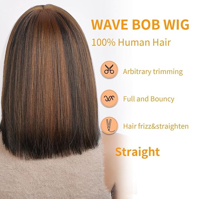 Bob Wig Human Hair with Bangs Glueless 2.5x1 HD Lace Colsure Wigs Human, Bob Wig with Brown Highlights, Ready to Go Short Wigs For Women Beginner Friendly 14 Inch