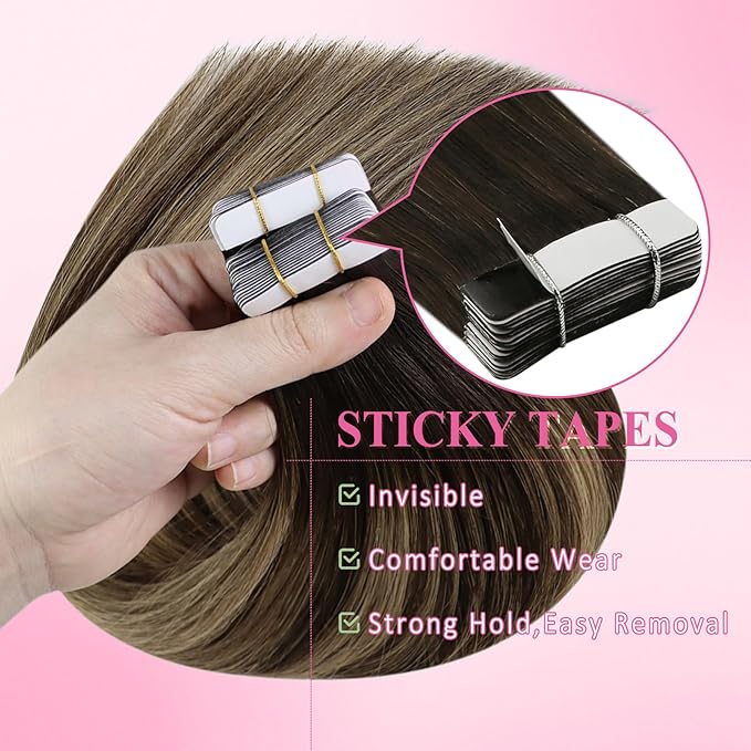 YoungSee Balayage Tape in Hair Extensions Brown Human Hair Tape in Extensions Dark Brown with Blonde Ombre Hair Extension Real Human Hair Tape-in for Girls 20 Inch 20pcs 50g
