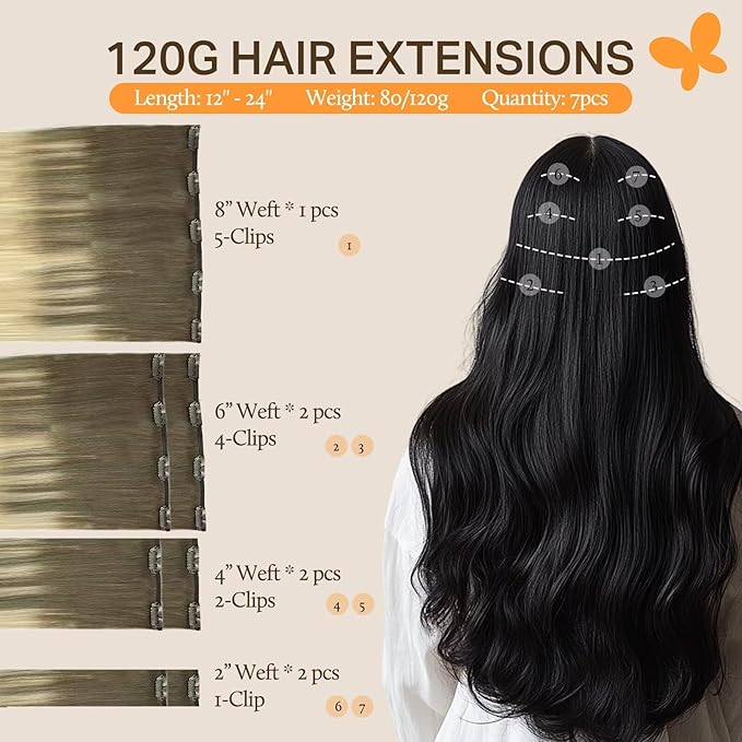 DOORES Clip in Hair Extensions Real Human Hair, Ombre Ash Brown to Platinum Blonde Straight 120g 7pcs 20 Inch Real Hair Extensions Clip in Human Hair Remy Natural Straight Weft