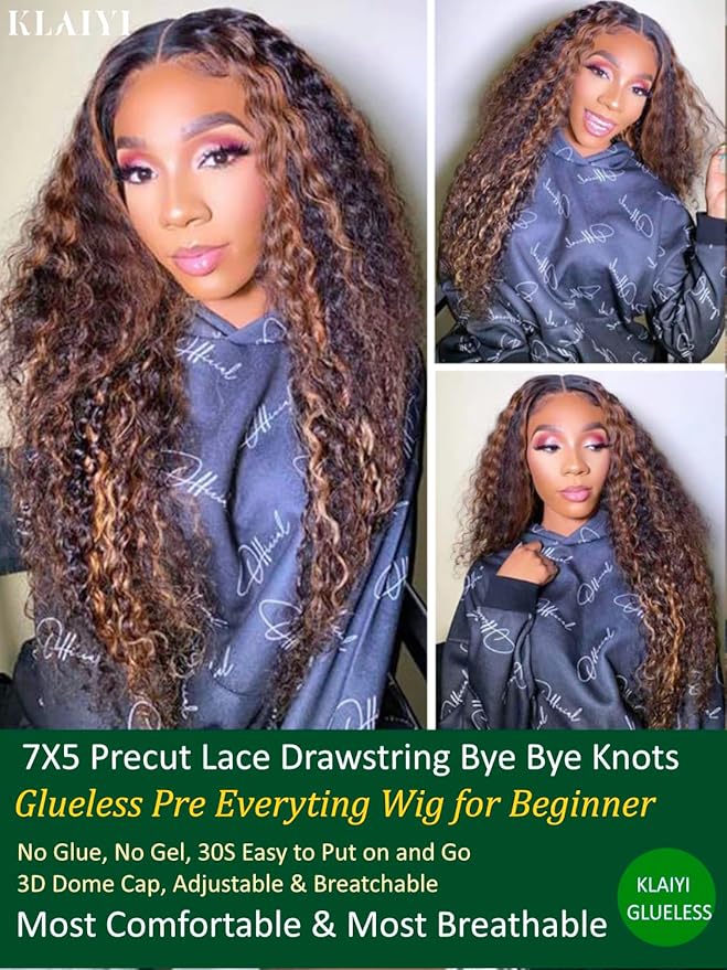 KLAIYI Ombre Brown Water Wave Bye Bye Knots Glueless Wig Human Hair Pre Cut 7x5 Lace Front Wigs Drawstring Pre Plucked Bleached Highlight Balayage Curly Ready to Wear and Go Wig with Dark Roots 24Inch
