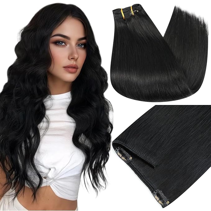 Full Shine Clip in Hair Extensions Black Women 24 Inch Jet Black Real Human Hair Extensions Clip ins 150 G 7 Pcs
