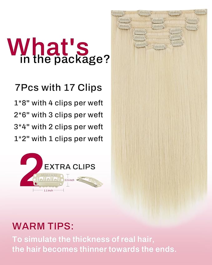Moresoo Golden Platinum Blonde Clip in Hair Extensions Blonde Hair Extensions Clip ins Real Human Hair for Women Long Double Weft #60 120g/8pcs 18 inch