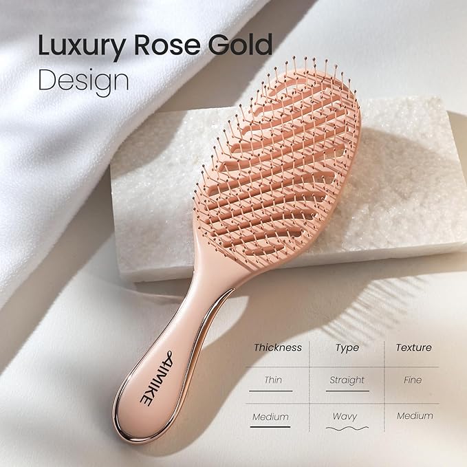 AIMIKE Rose Luxe Detangler Brush, Pain-Free Vented Detangling Brush with Ultra-Soft FlexGlide Bristles, Effortlessly Remove Knots & Reduce Hair Breakage, Wet Dry Brush for Women Thin Fine Hair