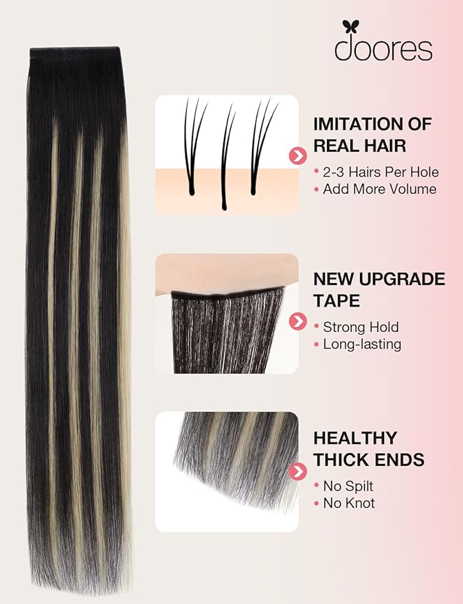 DOORES Invisi Edge Tape in Wide Hair Extensions Human Hair, Natural Black to Light Blonde 4PCS Injection Tape ins 20g 20 Inch, Virgin Human 3 Inch Wide Injected Extensions Invisible