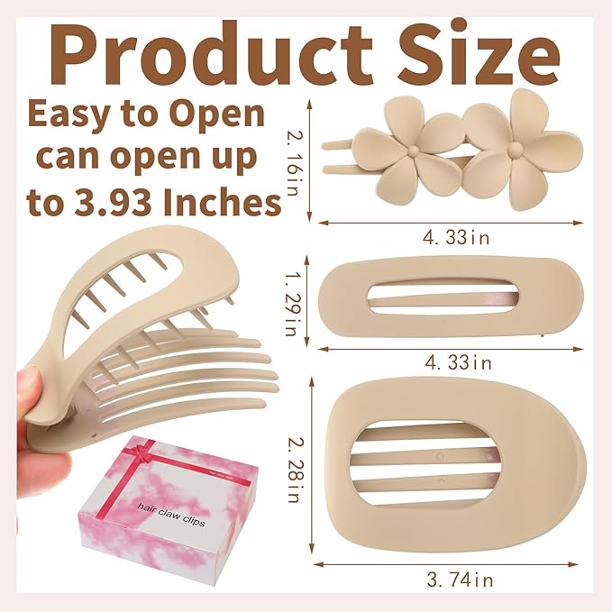12 Pcs Flat Hair Clips for Women, 3 Styles Matte Flower Hair Clips and Flat Clips, Big and Small Neutral Colors Non-slip Flat Claw Clips Thin Thick Curly Straight Hair Accessories