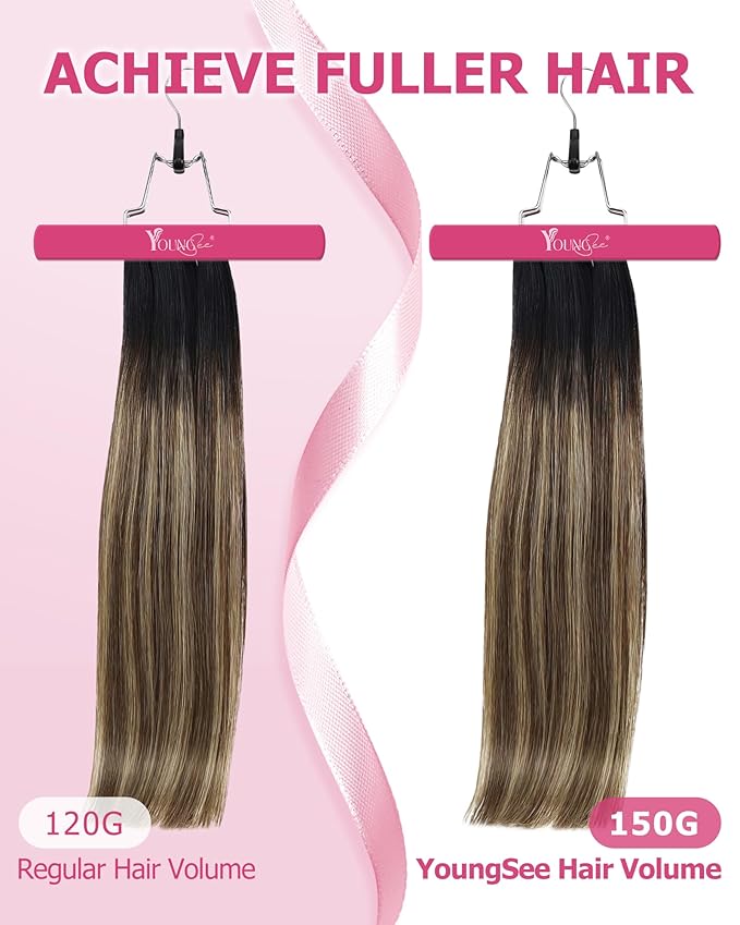 YoungSee 150G Balayage Clip in Hair Extensions Black Ombre Human Hair Clip in Extensions Natural Black Roots to Brown with Caramel Blonde Clip ins Extensions Real Human Hair 7Pcs 20Inch