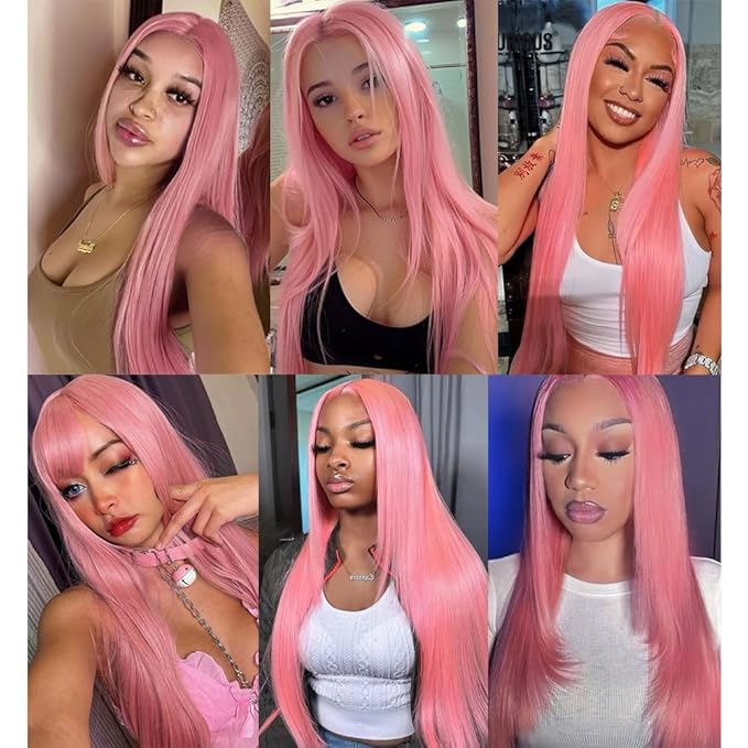 Pink Bundles Human Hair Pink Straight Bundles 22 24 26 Inch Niegmeag Peruvian Virgin Remy Hair Extensions Double Weft Soft and Skily Pink Bundle