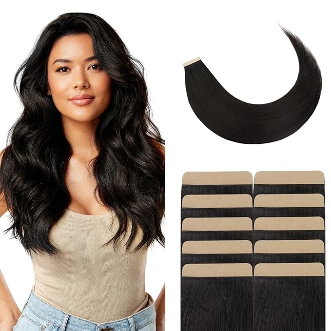 GOO GOO Tape in Hair Extensions Human Hair, 1B Natural Black, 4cm Wide Tape, 20inch 20pcs 80g, Real Human Hair, Seamless Tape in, Instant Length&Volume