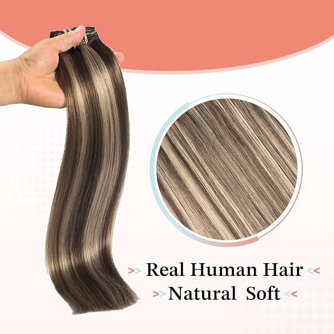 XDhair Clip in Extensions Human Hair 22 Inch 160g 7pcs Chocolate Brown to Caramel Blond Clip in Hair Extensions Real Human Hair for Women #4p27/22 inch