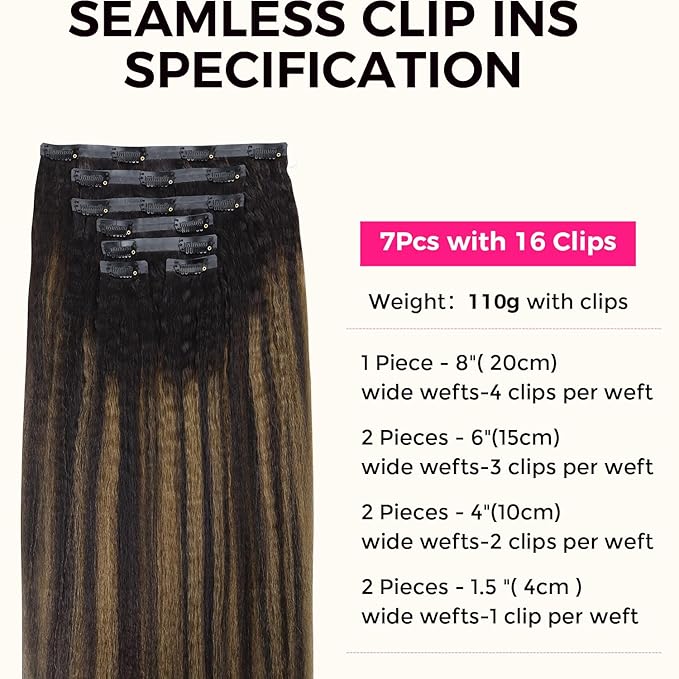 Lashey Seamless Clip in Hair Extensions Human Hair 110g 7pcs Kinky Straight Natural Black Mixed Chestnut Brown Clip insHair Extensions for Black Women 24 Inch Human Hair Clip in Extensions