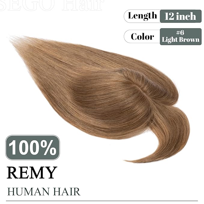 SEGO Hair Toppers for Women Real Human Hair with Thinning Hair, Toppers Hair Pieces Clip in Toppers Straight Hair Pieces with Front Bangs 150% Density Silk Base -12 Inch #6 Light Brown