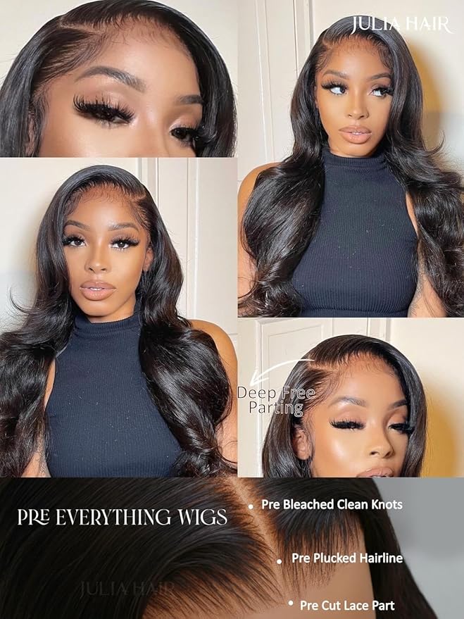Julia Hair Body Wave Glueless 13x4 Lace Front Wigs Human Hair 12A Pre Cut Lace Frontal Wig Pre Bleached Bye Bye Knots Pre Everything Put on and Go 180% Density Fast Wear Wigs Natural Color 24 Inch