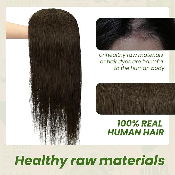 HAIR Toppers for Women Real Human Hair 6x7 inch 150 Density Base 12 inch 55grams darkest brown Human Hair Topper for Women with Thinning Hair(#2 12inch)