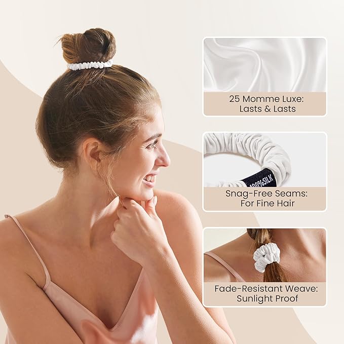 THXSILK 100% Mulberry Silk Scrunchies 3-Pack, 25 Momme Mulberry Silk Hair Ties for Women, Sleek Low Profile No Damage Ponytail Holders, for Fine Hair & Everyday Use, Pearl White