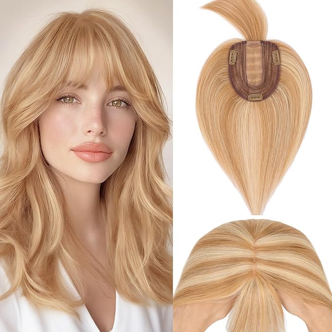Rich Choices Hair Toppers for Women Real Human Hair 100% Remy Human Hairs Topper With Bang for Thinning Hairs Clip in Silk Base Topper 10 Inch #12P613 Golden Brown Mix Bleach Blonde