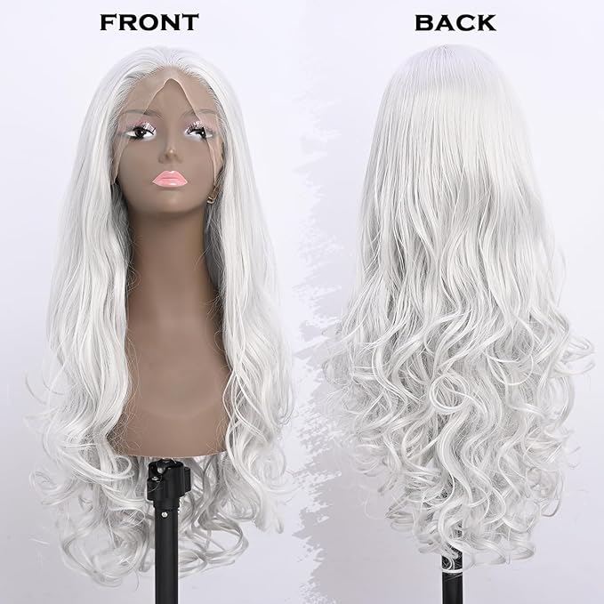 Long Silver Synthetic Lace Front Wig Heat Resistant Body Wave Lace Front Wavy Wigs Free Part Natural Hair Wig for Women 24 Inch Fashion Glueless (24 Inch)