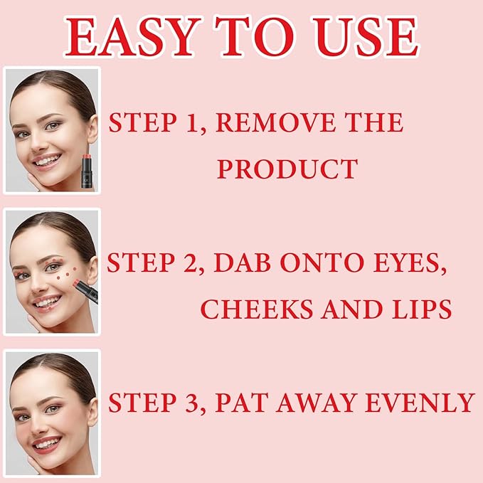 Cream Contour Blush Stick,Long Lasting Waterproof Blush Stick for Cheeks&Lips Multipurpose Face Highlighting Concealing Cream,Shimmer Contour Stick Makeup for Women（Rose Red）