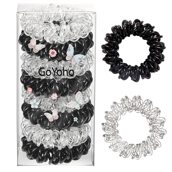 Upgraded Version Spiral Hair ties for Women, No Crease Clear Coil Hair Ties Spiral Ponytail Holders Scrunchies, Hair Coils/Phone Cord Hair Ties for Thin Hair/Soft Elastic. (8, Black and White）