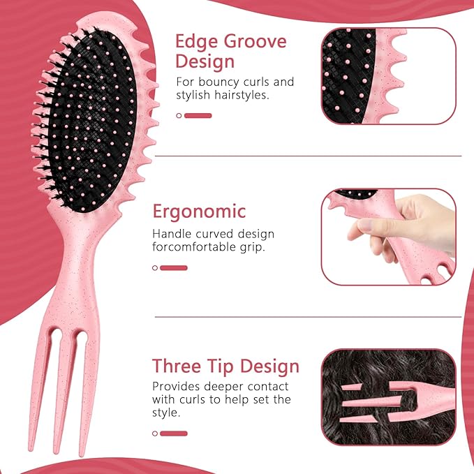 Curly Hair Brush Set,Curl Defining Brush for Curly Hair,Trident Handle Design,Detangling & Shaping & Defining Curls for Women and Girls,Wet or Dry Hair(Pink)