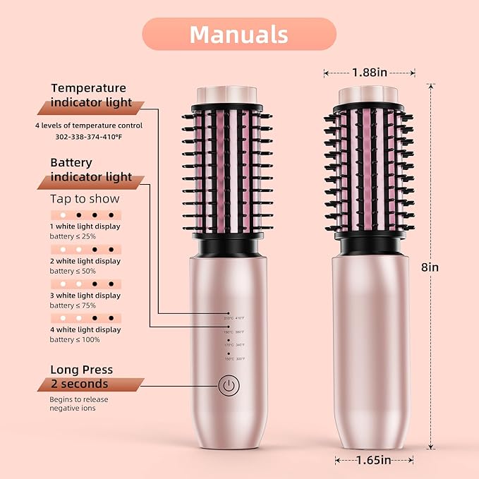 CARESKY® Cordless Curling Iron Brush, 1.5 Inch Mini Travel Hair Curler with 200 Million Negative Ions, Portable Heated Round Straightener Brush Rechargeable for Curl, Touch-Up, De-Frizz, Styling