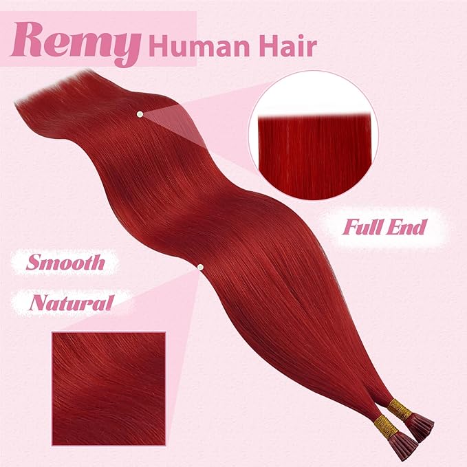 YoungSee Red Itip Human Hair Extensions 24 Inch Itips Hair Extensions Human Hair 25g Red Colored Hair Extensions Itips Long Hair for Girls Party Highlights 25 Strands