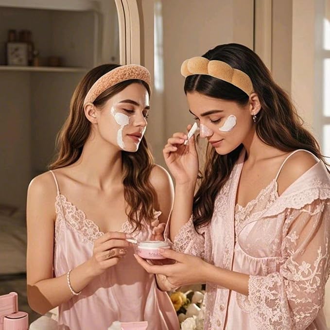 2Pcs Spa Headband for Washing Face & 1 Pairs Wristband Set Sponge Makeup Skincare Headband &Terry Cloth Bubble Soft Hairband for Women Girl Puffy Padded Headwear Non Slip Thick Hair Accessory (brown)