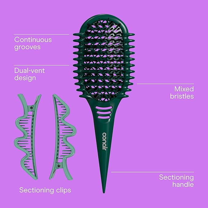 Conair Curl Define Pro Hair Brush for Curly Hairbrush with Sectioning Clips, Dual-Vent Design with Continuous Grooves, Mixed Bristles for Frizz-Free Detangling, Smoothing, and Curl Definition