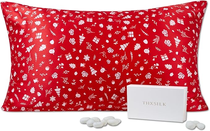 THXSILK Christmas Style 6A+ Grade Mulberry Silk Pillowcase for Hair and Skin, 22 Momme 100% Pure Silk Pillow Case with Hidden Zipper, Christmas Holly Printed Pillow Cover, Red， Standard