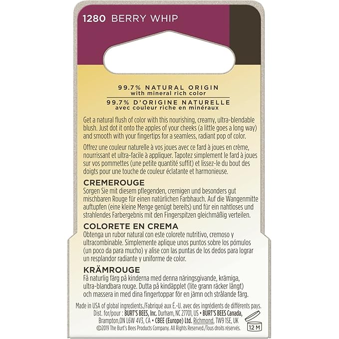 Burt's Bees Color Nurture Moisturizing Cream Blush with Vitamin E, Berry Whip, 0.25 Ounce