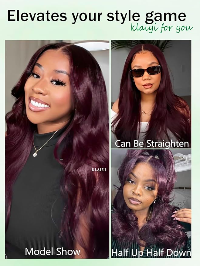 KLAIYI Black Cherry Loose Body Wave Bye Bye Knots Glueless Wig 7x5Precut Lace Front Wigs Human Hair Drawstring Pre Plucked Bleached 30S Ready to Wear and Go Wig with Face Framing Bangs Burgundy 24Inch