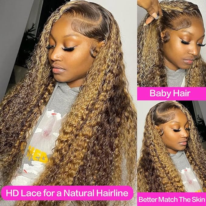 30inch Highlight Ombre Lace Front Wig Human Hair 13x6 HD Honey Blonde 4/27 Deep Wave Lace Frontal Wigs Glueless Wigs Human Hair (Highlight Ombre Lace Front Wig, 4/27 blonde wig-32 inch, deep wave)
