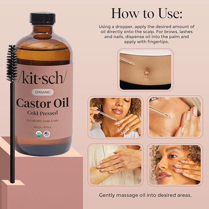 Kitsch Organic Castor Oil for Hair Growth - 100% Pure Castor Oil, Organic Cold Pressed Unrefined Glass Bottle for Face, Skin, Lashes, Brows, Scalp, Nails & Belly Button - Hexane Free, USDA - 16 oz