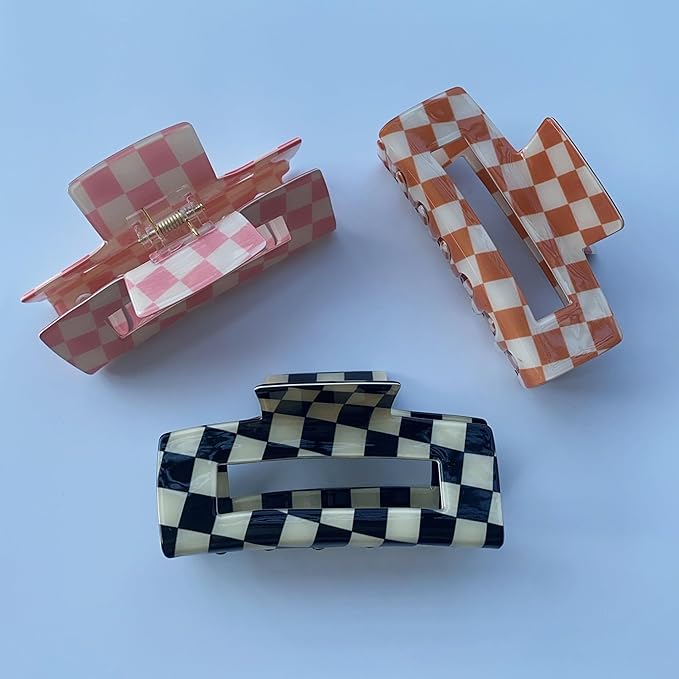 3 Pack Checkered Hair Claw Clips, Large Checker Hair Catch Barrettes 4inch Hair Clamps Cute Hair Claw Hair Clips Hair Accessories for Thick Thin Hair for Women Ladies