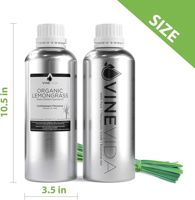 VINEVIDA Organic Lemongrass 32 oz Undiluted Essential Oil - Pure, Uncut, and Unfiltered